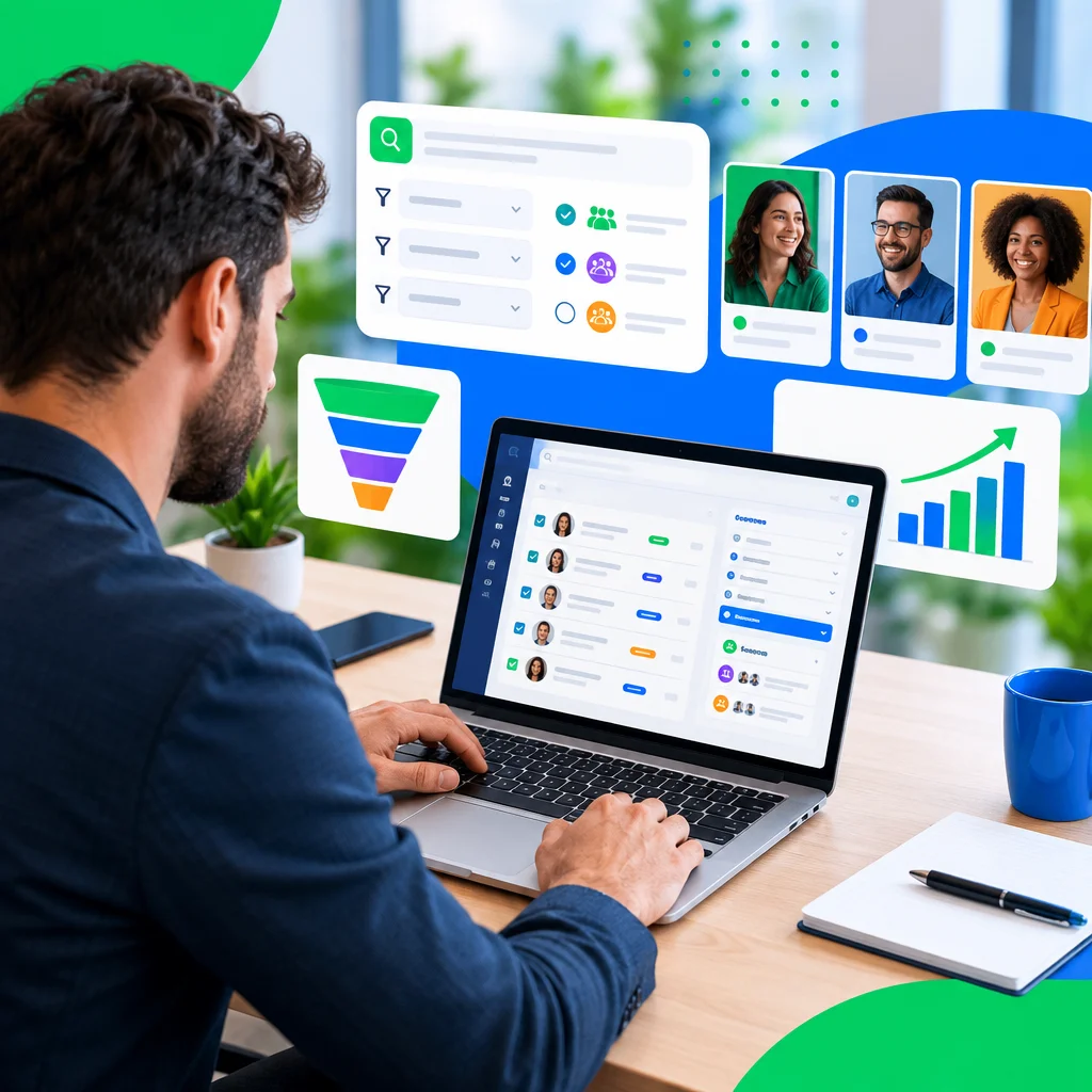 Executivo de contas filtrando contatos e segmentando listas de leads em software comercial no laptop