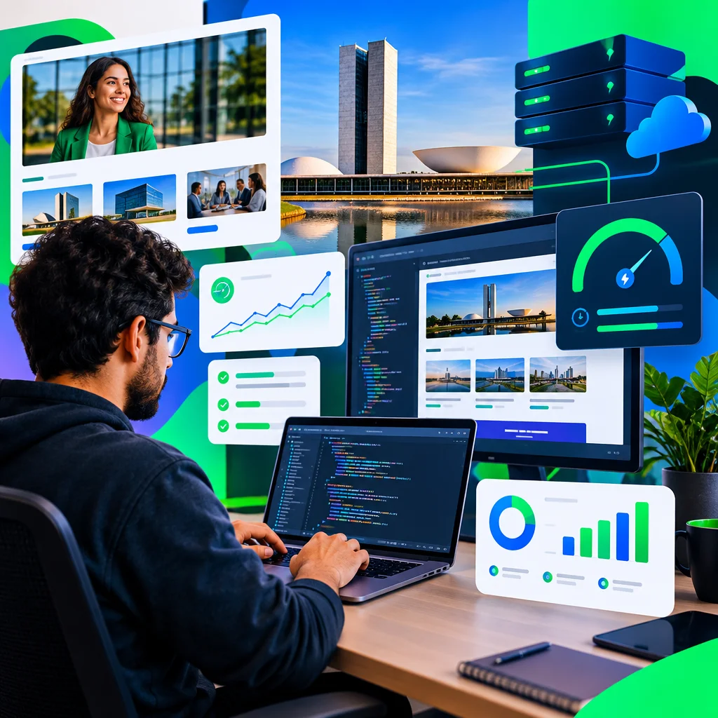 Programador trabalhando na estrutura técnica de código e performance de carregamento de um site corporativo