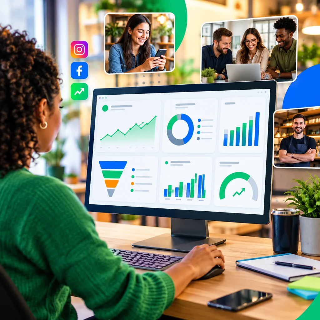 Dashboard em monitor apresentando métricas de tráfego, conversões e gráficos de retorno sobre investimento
