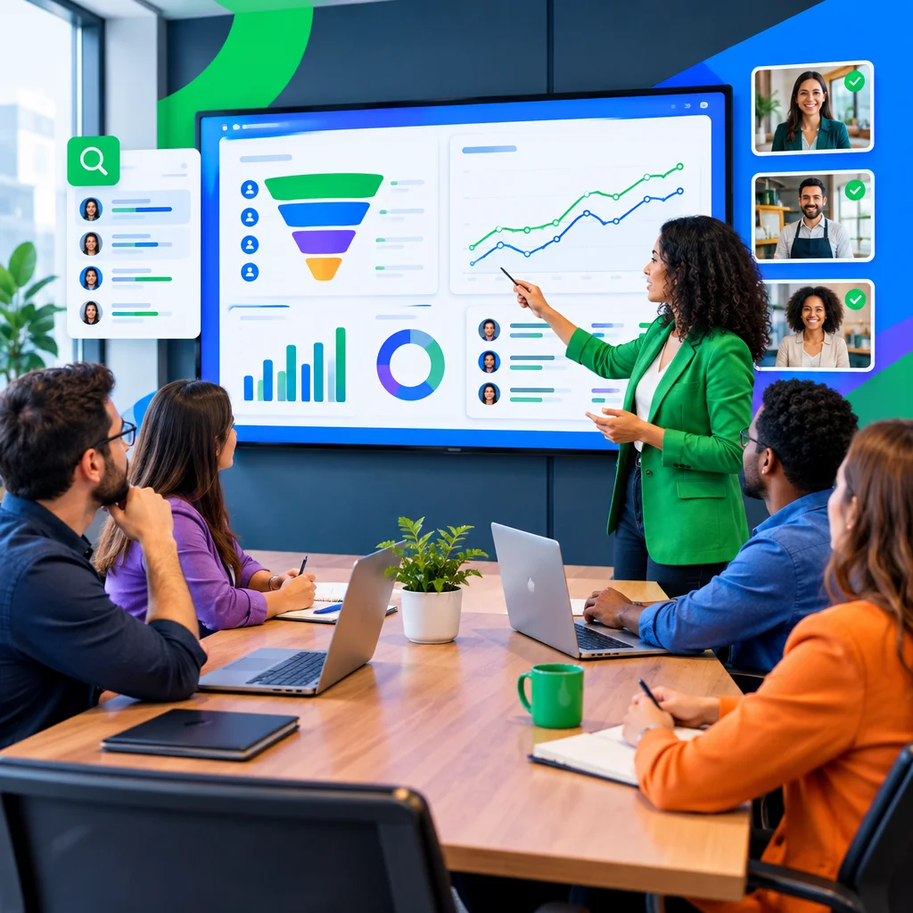 Equipe comercial reunida em sala de reunião analisando métricas e relatórios de vendas projetados em monitor grande