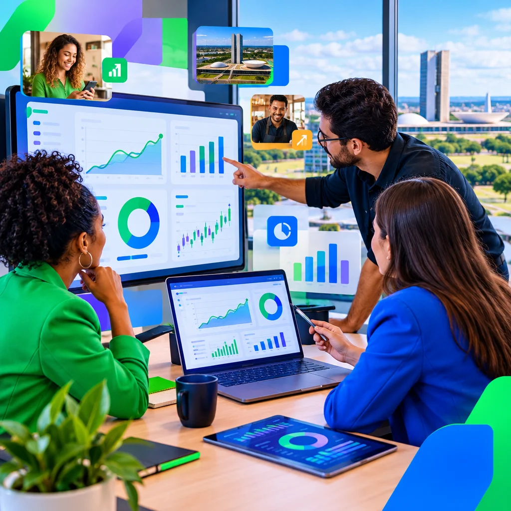 Especialistas em inteligência de dados e marketing digital examinando dashboards de conversão e métricas financeiras